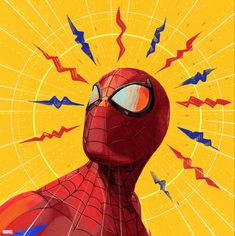 a close up of a spider - man face on a yellow background