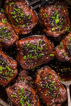 cooked meat with sesame seeds and seasoning in a skillet, ready to be eaten