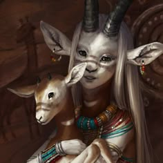 an artistic painting of a woman with horns holding a goat in her arms and wearing jewelry