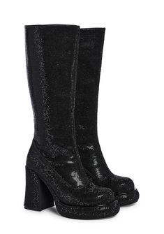 cuz you're going to a go go! These boots have an all over rhinestone construction, platform soles, block heels, and side zipper closures. Chunky Platform Knee-high Party Boots, Party Boots With Chunky Platform, Party Heeled Boots With Chunky Platform, Glamorous Black Platform Boots For Fall, Platform Heels Outfit, Glittery Boots, Sparkly Boots, Go Go Boots, Sugar Thrillz