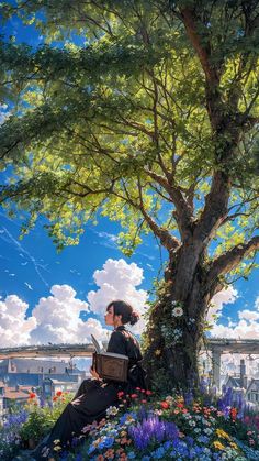 a painting of a woman sitting under a tree on top of a hill next to flowers