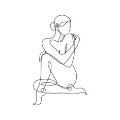 a continuous drawing of a woman sitting on the ground with her hands clasped to her chest