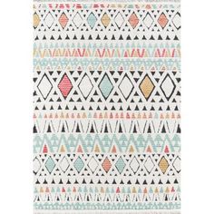 a white rug with colorful geometric designs on the front and back of it, in various colors