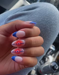 Red White Blue Aura Nails, French Top With Design, Aura Nails And French Tips, Red White And Blue Aura Nails, Red And Blue Aura Nails, French Tip Aura Nails, Aura Dot Nails, Aura Nails With French Tips, Multiple Design Nails