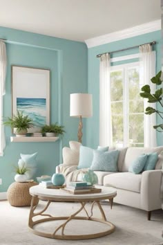 a living room with blue walls and white furniture