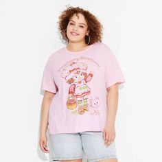 Add a flair of nostalgia to your wardrobe with the Women's Oversized Print Strawberry Shortcake Short Sleeve Graphic T-Shirt in pink. This oversized t-shirt made from lightweight jersey fabric features a graphic print of Strawberry Shortcake and a convenient pullover design. With its classic crew neckline and basic sleeve style, the women's graphic t-shirt in pink offers a casual yet fun look. Plus Size Kawaii Fashion, Cutesy Outfit, Plus Size Kawaii, Layered Fashion, Pullover Designs, Cute Tshirts, Strawberry Shortcake, Plus Size T Shirts, Outfits For Teens