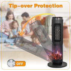 an image of a heater with the words tip - over protection on it's side