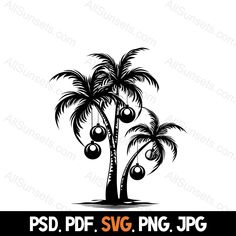 a palm tree with balls on it and the words psd pdf svg png