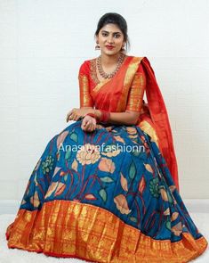 Kalamkari Pattu Lehenga, Latest Lehanga Models, Pen Kalamkari Lehangas, Kalamkari Lehenga Designs, Kanchi Pattu Lehenga Half Saree, Mehendi Saree, Traditional Half Saree Designs