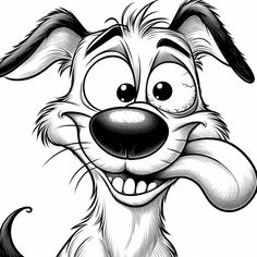 a black and white cartoon dog with big eyes