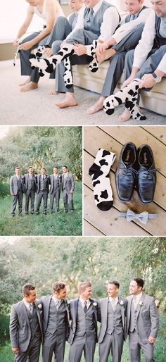 a group of men in suits standing next to each other on a wooden bench with cow socks