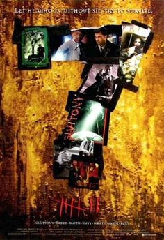 the movie poster for seven is shown with many pictures and words on it's side