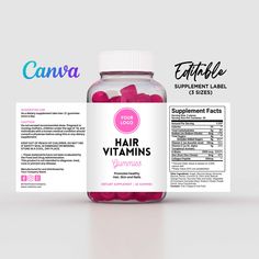 Create a Simple and Elegant Hair Vitamin Label for your Brand! This Printable Label can be customize with your own logo and brand name! Editable Supplement Facts!! *Disclaimer the Supplement Facts in the label is not correct calorie declaration for any supplement products. Please provide your own supplement facts place or edit it in the label. Comes with 3 Sizes! Technically What will you get: 4.8 x 2 size 6 x 2.25 size 7 x 3 size with Frame Canva Template Link for 8.5x11 paper. Super helpful if Collagen Gummies, Pill Bottle, Hair Supplements, Pill Bottles, Canva Tutorial, Elegant Hair, Hair Vitamins, Own Logo, Printable Labels