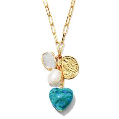 22-karat gold plating. Heart-cut turquoise. Naturally hued freshwater cultured pearls. Adjustable; lobster clasp. Approx. 18-20"L. Heart Charm Necklace, Turquoise Heart, Freshwater Cultured Pearls, Cultured Pearls, Turquoise Jewelry, Gold Plating, Heart Charm, Lobster Clasp, Charm Necklace