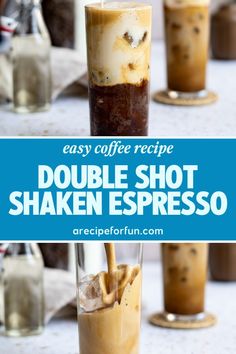 two glasses filled with coffee and ice cream on top of a white table next to each other