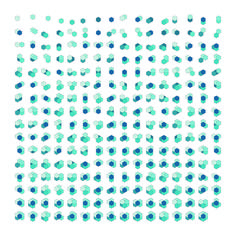 an array of blue and green cubes on a white background, all in different sizes