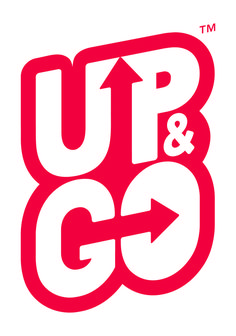 the up and go logo with an arrow pointing to the right, on a white background