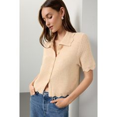 Tan (54% Cotton, 46% Acrylic). Knits. Collared neckline. Short sleeves. Front button closure. 19.5" from shoulder to hemline. Imported. Elegant Collared Knit Top, Elegant Collared Knit Top For Work, Fall Pointelle Knit Button-up Tops, Classic Pointelle Knit Tops For Work, Button-up Pointelle Knit Top, Collared Knit Tops With Button Closure, Spring Knit Collared Shirt, Spring Collared Knit Shirt, Classic Collared Knit Top