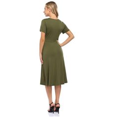 This dress features a V-neck design for a stylish and flattering look. Casual Fitted V-neck Dress In Solid Color, Casual Solid Color Midi V-neck Dress, Casual Fitted V-neck Midi Dress, Casual Solid V-neck Midi Dress, Casual Solid Color Midi Length V-neck Dress, Casual V-neck Midi Length Dress, Flattering V-neck Midi Dress For Work, Solid Color V-neck Short Sleeve Dress For Spring, V-neck Solid Color Midi Dress For Day Out