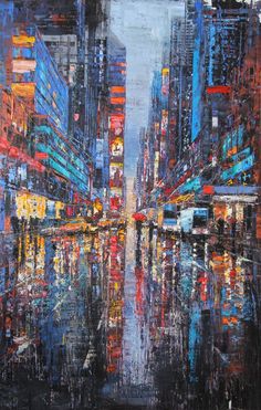 an abstract painting of cityscape at night