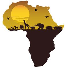 an african map with animals and birds in the silhouette at sunset or dawn, as seen from africa