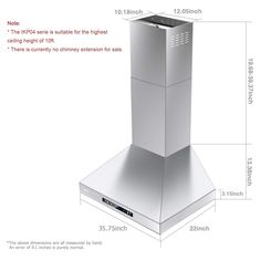 an image of a stainless steel range hood with measurements for the top and bottom section