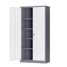 a white cabinet with two doors and shelves