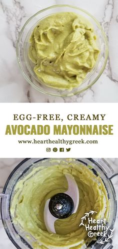 avocado mayonnaise in a food processor with the text egg - free, creamy