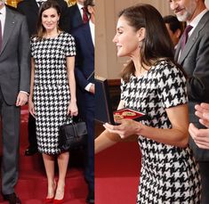 King Felipe and Queen Letizia presented Gold Merits Black Check Dress, Monochrome Dress, Princess Of Spain, Belted Wrap Coat, Red Wool Coat, Houndstooth Pencil Skirt, Wrap Coat