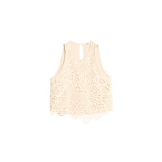 A.L.C. "Lena" top designed with an openwork lace overlay Approx. 20"L from shoulder to hem Round neckline; button/keyhole back Sleeveless; cut-in shoulders Scalloped hem Slim fit Cotton Lining: Rayon Dry clean Imported Beige Lace Top Sleeveless Camisole, Lace Crop Top Tank Top, Lace Trim Cami Top For Party, Party Lace Trim Cami Top, Chic Crochet Crop Top, Lace Patchwork Cami Top, Beige Lace Sleeveless Crop Top, Chic Fitted Top With Lace Bodice, Elegant Sleeveless Mesh Top For Spring