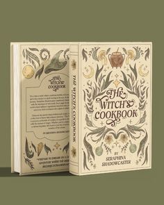 the witch's cookbook is open on a green background