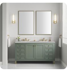 two mirrors are on the wall above a double sink vanity in a white and gray bathroom