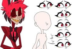 an animation character with red eyes and black hair is shown in various stages of drawing