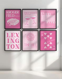 six pink posters are hanging on the wall