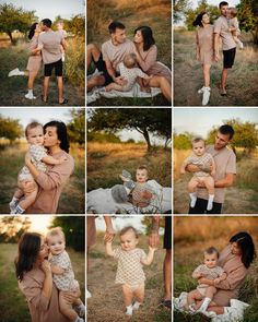 a collage of photos shows a woman holding a baby in her arms and two other people sitting on the ground