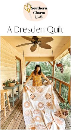 a woman standing on a porch with a quilt in front of her and the words southern charm crafts