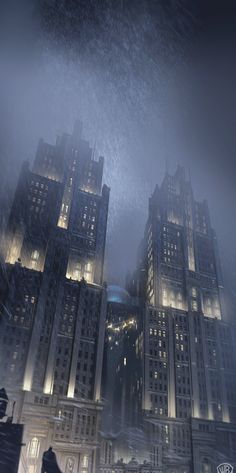 the dark knight rises in batman's new york city at night, as it rains