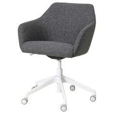 a grey and white office chair with wheels on the back, against a white background