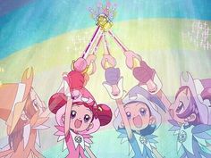 several cartoon characters are hanging upside down in the air with their hands above their heads