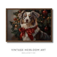 an oil painting of a dog wearing a red bow tie in front of a christmas tree