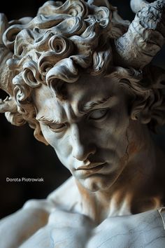 a statue of a man with horns and curls on his head is shown in front of a dark background