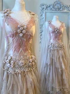 two mannequins are dressed up in dresses made from tulle and lace