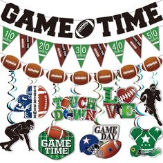 a banner that says game time with footballs and other sports related items on it