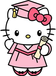 a hello kitty wearing a graduation cap and gown holding a diploma in one hand, while standing