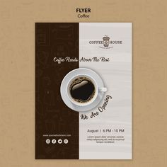 a flyer for coffee house with a cup of coffee on the front and back cover