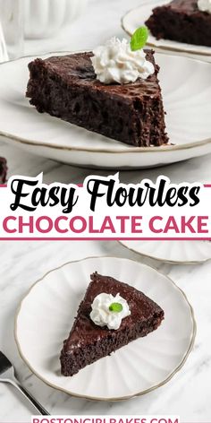 easy flourless chocolate cake with whipped cream on top and two slices cut from it