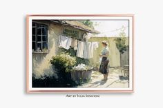 a painting of a woman standing in front of a house with clothes hanging out to dry