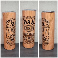 three different views of the same wooden tumbler cup, one with dad's name on it