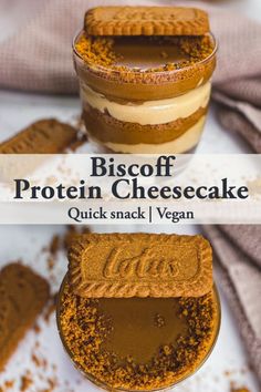 two small jars filled with chocolate cheesecake and the words biscoff protein cheesecake