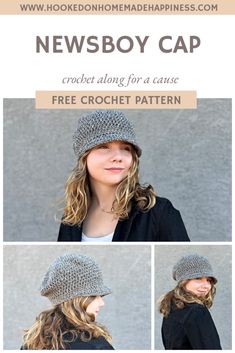 the newsboy cap crochet pattern is shown in three different pictures